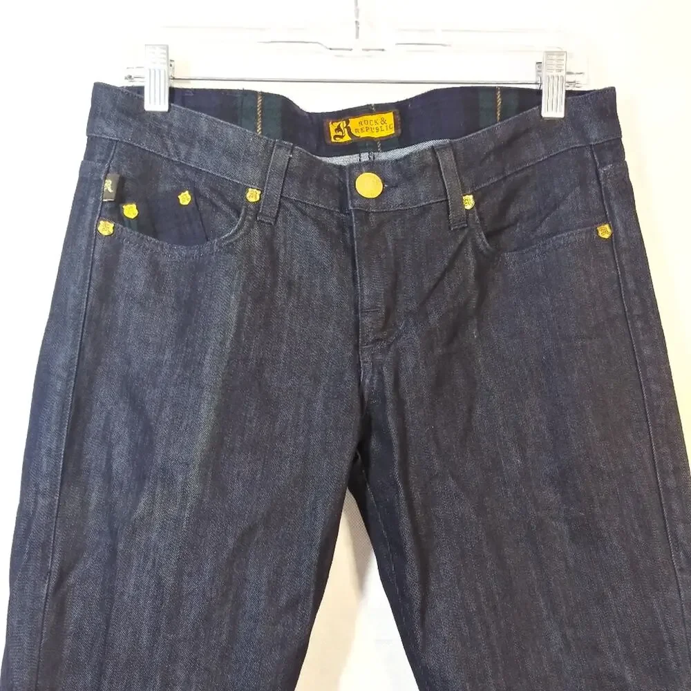 Rock & Republic Dark Straight Cosbie Jean Green Blue Plaid Detail Size 29